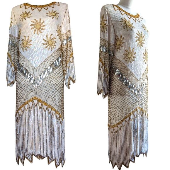 Great Gatsby Vintage White 💯 Silk Sequin Beaded Starburst Midi Shift Dress S - Picture 1 of 17